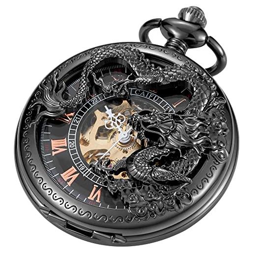 Tiong orologio da tasca vintage con scheletro meccanico e steampunk, con scheletro, numeri romani, orologio da tasca per uomo, idea regalo e scatola, nero e rosso, retrò