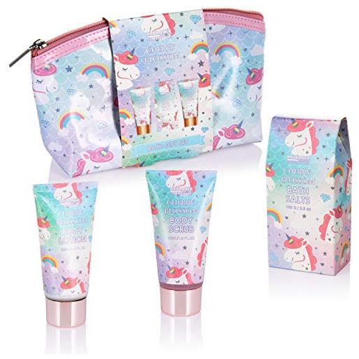 Brubaker cosmetics 4-pz. Unicorno set da bagno e doccia - cherry blossom - confezione regalo con fragranza fiore di ciliegio in un sacchetto cosmetico