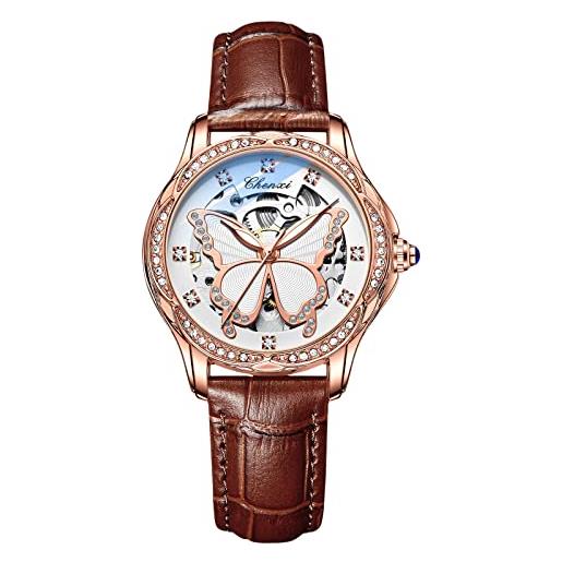 RORIOS orologio da donna luminoso orologio con cinturino in pelle automatico meccanico orologio scheletro dial orologio da polso