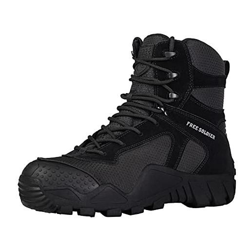 FREE SOLDIER da uomo mid alta stivali militari durable army combat scarpe impermeabile traspiranti tattico escursionismo(nero-impermeabile, 45eu)