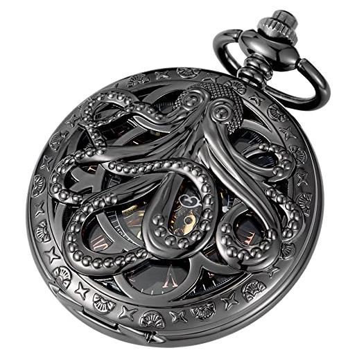Tiong orologio da tasca con quadrante scheletrato con numeri romani con quadrante scheletro, orologio da tasca con catena, black&glod