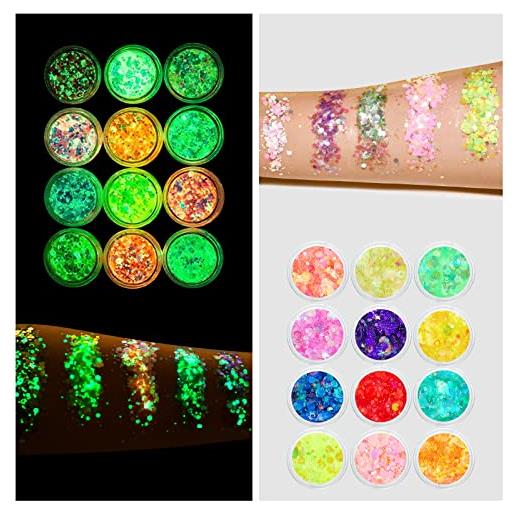 AOOWU fluorescente paillettes, 12 colori kit polvere glitterata body glitter gel, glitter fluorescenti glitter grosse olografiche per viso, occhi, labbra, capelli(glitter gel)