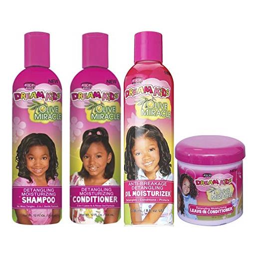 Sconosciuto african pride dream kids olive miracle - set composto da 4 pezzi, shampoo e balsamo districanti da 355 ml ciascuno, olio idratante da 236 ml, balsamo senza risciacquo da 425 g