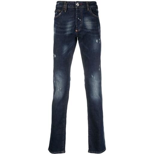 Philipp Plein jeans super straight cut con effetto vissuto - blu
