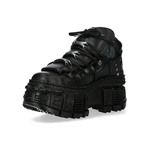 New rock stivali unisex suola tank con lacci colore nero pelle/unisex black boots leather shoelaces m. Wall106-s12, nero , 36 eu