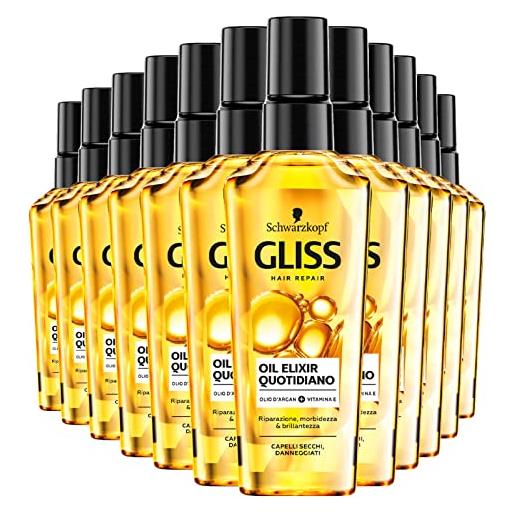 Schwarzkopf 12x Schwarzkopf gliss hair repair oil elixir quotidiano olio spray per capelli secchi e danneggiati con estratto di argan e vitamina e ad azione riparatrice e nutriente - 12 flaconi da 75ml