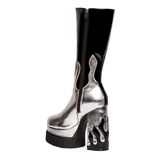 LAMODA show off, mid calf boot donna, black patent silver pu flame, 41 eu