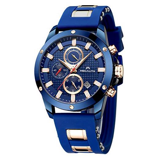 MEGALITH orologio uomo cronografo sportivo orologio da polso impermeabile blu moda design orologi uomo quadrante grande analogico calendario luminosi con cinturino in gomma