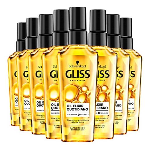 Schwarzkopf 8x Schwarzkopf gliss hair repair oil elixir quotidiano olio spray per capelli secchi e danneggiati con estratto di argan e vitamina e ad azione riparatrice e nutriente - 8 flaconi da 75ml