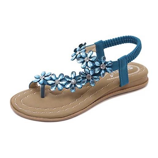 ZOEREA sandali piatti da donna da estate strass fiore bohemia flip flop spiaggia estivi scarpe casual open toe tacco piatto nero, 41 eu