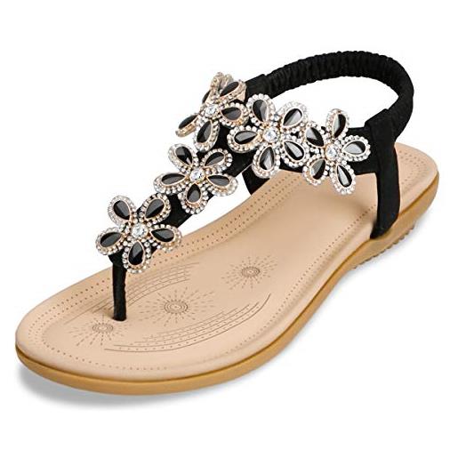ZOEREA sandali piatti da donna da estate strass fiore bohemia flip flop spiaggia estivi scarpe casual open toe tacco piatto nero, 41 eu