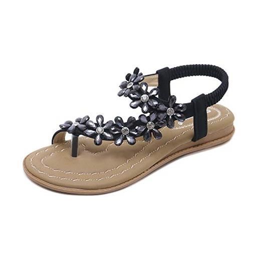 Zoerea sandali da donna da estate strass fiore flip flop spiaggia estivi casual open toe bohemia elegante piatti donne scarpe nero, etichetta 37