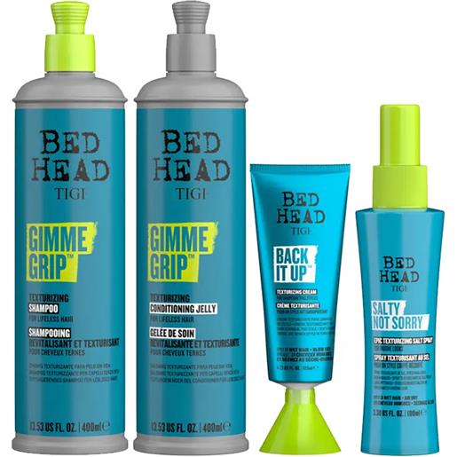TIGI kit bed head gimme grip shampoo 400ml + conditioner 400ml + crema texturizzante 125ml + salty not sorry 100ml