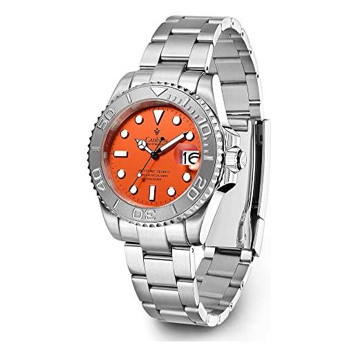 CADISEN orologio automatico automatico da uomo elegante casual business orologio meccanico con cinturino in acciaio inossidabile in vetro zaffiro, colore: arancione. , bracciale