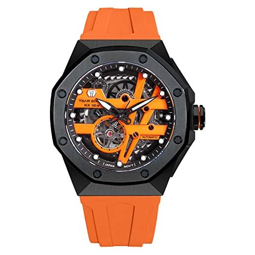 TSAR BOMBA orologio automatico da uomo - movimento meccanico giapponese - vetro zaffiro - impermeabile 100 m - lussuoso cinturino in gomma fluorescente, cassa nera/bracciale arancione 03