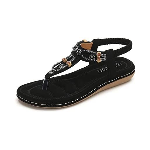 ZOEREA donna estate sandali piatti casual t-strap strass bohemia infradito elegante comfort scarpe piatte spiaggia blu#2,36 eu