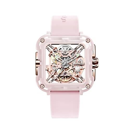 CIGA Design orologio automatico donna - x series machina suv orologio da polso in ceramica di moda con design scheletro, vetro zaffiro con confezione regalo e cinturino in silicone(rosa)