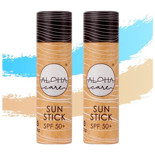 Aloha Care aloha sun stick spf 50+ | crema (stick) solare viso minerale colorata per il surf | tubo di carta ecologico (2-pack (blu + beige))