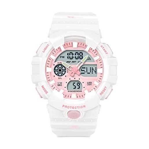 findtime orologi digitali uomo militare cronometro 50m impermeabile multifunzionale orologio conto alla rovescia modalità allarme dual time, bianco rosa, cinghia
