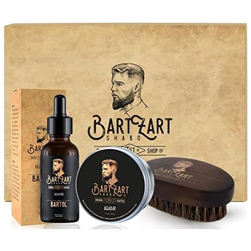 BartZart Shabo set per la cura della barba con olio da barba al profumo di muschio i cera da barba naturale e setole di cinghiale | set per la cura della barba