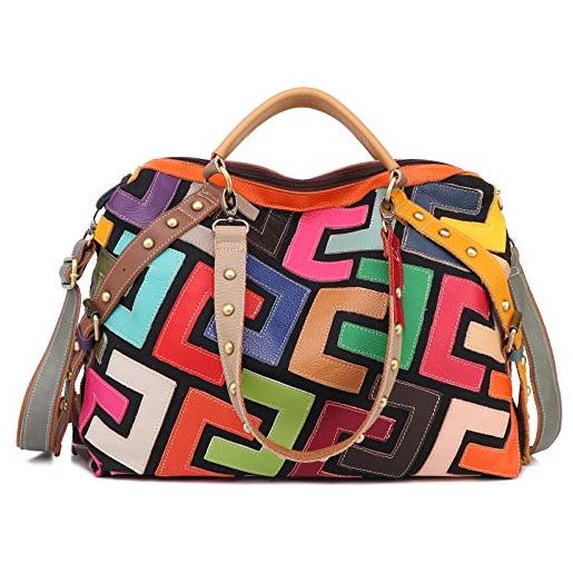 Segater® - borsa per la spesa da donna, multicolore, in pelle bovina, patchwork, multicolore, taglia unica