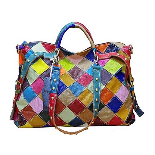 Segater® - borsa per la spesa da donna, multicolore, in pelle bovina, patchwork, nero , taglia unica