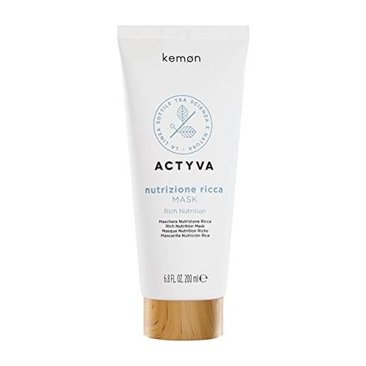 Kemon - actyva nutrizione ricca mask, maschera trattamento nutriente e volumizzante per capelli secchi, con avena e olio d'oliva, districante - 200 ml