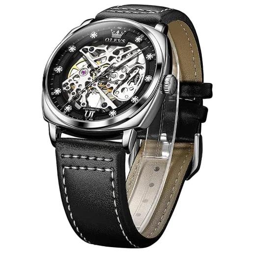 OLEVS orologio automatico da uomo con scheletro a carica automatica meccanico di lusso elegante cinturino in pelle luminoso impermeabile orologio da polso, argento e nero, cinturino