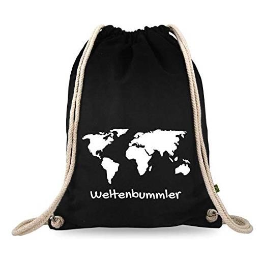 Turnbeutelliebe® sacca da palestra con scritta - weltentdecker - diversi motivi - cotone nero - sacca sportiva - ca. 12 litri - 37 x 46 cm, mappa del mondo, 37x 46 cm