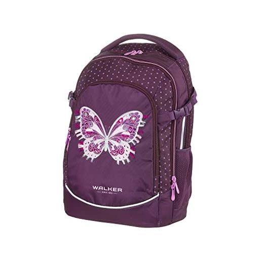 Walker 42043-174 - zaino scuola fame purple butterfly con 3 scomparti, tasche laterali e effetto luce, imbottitura posteriore, tracolla regolabile e pettorale