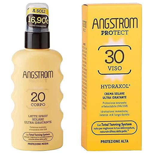 Angstrom protect latte solare in formato spray, protezione solare corpo 20+ & protect crema solare viso spf 30, stimola la produzione di melanina con il total tanning system