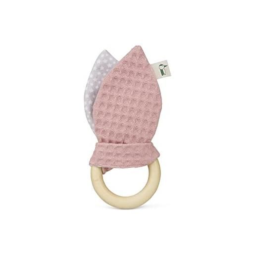 Grünspecht anello di presa con rondelle in tessuto, anello in legno con orecchie in tessuto lavabile in 100% cotone, per presa e senso, regalo giocattolo per bambini, rosa (571-v2)