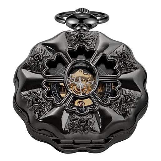 Tiong orologio da tasca meccanico con design nero, marrone+argento, orologio da tasca meccanico da uomo con catena fob romana digitale steampunk, mpw129-uk. 