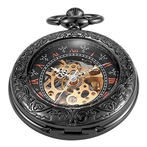 Tiong orologio da tasca meccanico con design nero, marrone+argento, orologio da tasca meccanico da uomo con catena fob romana digitale steampunk, mpw131-uk. 