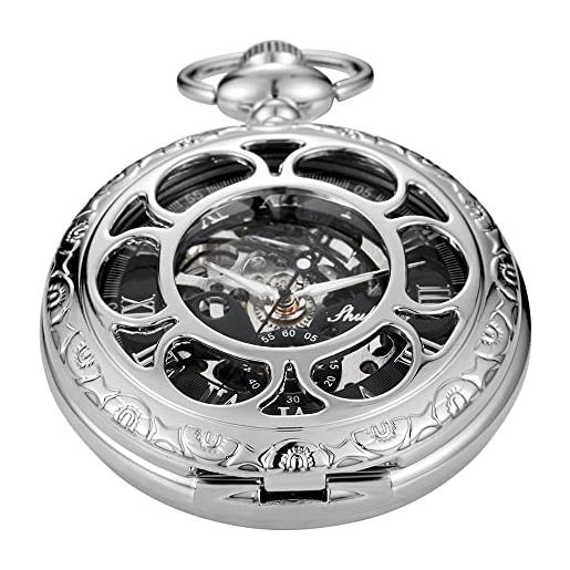 Tiong orologio da tasca meccanico con design nero, marrone+argento, orologio da tasca meccanico da uomo con catena fob romana digitale steampunk, mpw135-uk. 