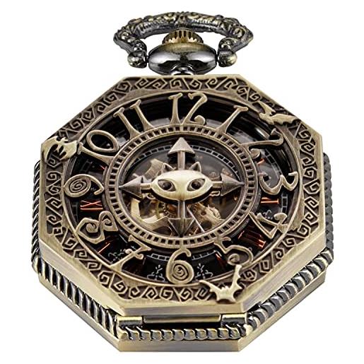 Tiong orologio da tasca meccanico con design nero, marrone+argento, orologio da tasca meccanico da uomo con catena fob romana digitale steampunk, mpw133-uk. 