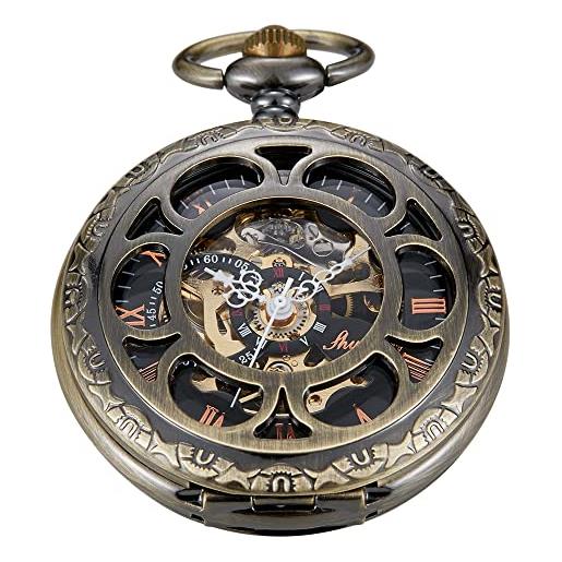 Tiong orologio da tasca meccanico con design nero, marrone+argento, orologio da tasca meccanico da uomo con catena fob romana digitale steampunk, mpw134-uk. 