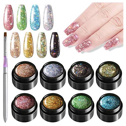 Kalolary 8 colore gel glitter smalti per unghie 5ml + penna per pittura, gel per unghie glitter diamond soak off gel uv led smalto per unghie kit manicure professionale per donne nail art nail design