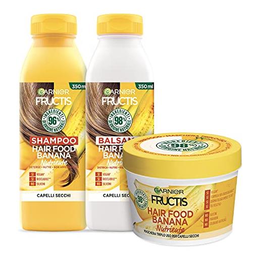 Garnier fructis hair food banana nutriente, kit con shampoo, balsamo e maschera per capelli secchi, fino al 98% di ingredienti di origine naturale, senza siliconi