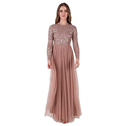 Maya Deluxe womens ladies dress for wedding guest plus size empire high waist sequins long sleeve evening bridesmaid vestito per damigella d?Onore, pale mauve, 52 eu