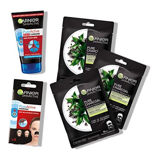 Garnier kit anti-impurità pure active, ideale per pelli normali e miste, include 3 maschere in tessuto al carbone, 1 detergente 3in1 e strips anti punti neri