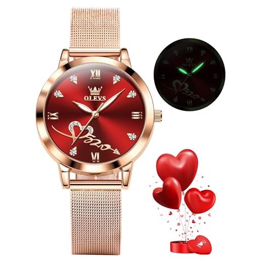 OLEVS orologio da donna al quarzo giapponese, oro rosa, cinturino a rete in acciaio inox con diamanti di lusso, impermeabile e luminoso, faccia rossa, bracciale