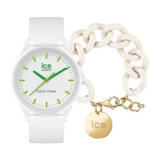 ICE-WATCH solar power nature orologio bianco unisex con cinturino in silicone, 017762 (medium) + chain bracelet - almond skin - bracciale in maglia bianca xl da donna con medaglia d'oro (020353)