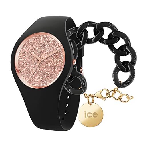 ICE-WATCH glitter black rose gold orologio nero da donna con cinturino in silicone, 001353 (medium) + chain bracelet - black - bracciale in maglia nera xl da donna con medaglia d'oro (020354)