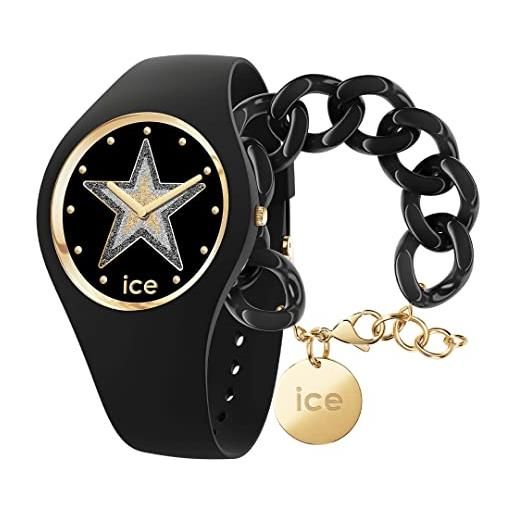 ICE-WATCH glam rock fame, orologio da donna, con cinturino in silicone, nero, medium, 019859 + chain bracelet - black - bracciale in maglia nera xl da donna con medaglia d'oro (020354)