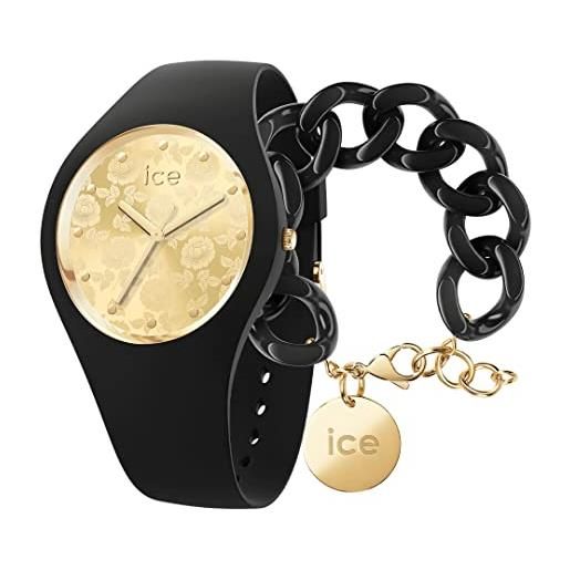 ICE-WATCH flower black chic - orologio nero da donna con cinturino in silicone - 019207 (medio) + chain bracelet - black - bracciale in maglia nera xl da donna con medaglia d'oro (020354)