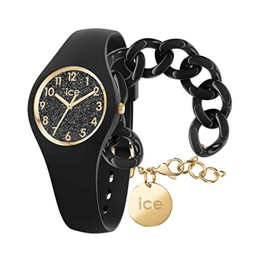 ICE-WATCH glitter black numbers orologio nero da donna con cinturino in silicone, 015347 (extra small) + chain bracelet - black - bracciale in maglia nera xl da donna con medaglia d'oro (020354)