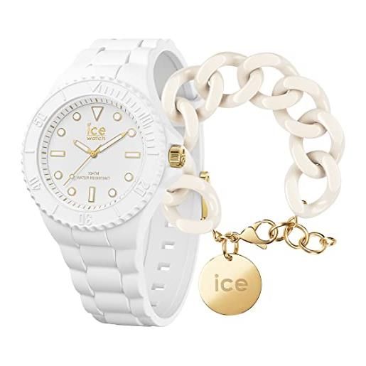 ICE-WATCH generation white gold orologio bianco da donna con cinturino in silicone, 019152 (medium) + chain bracelet - almond skin - bracciale in maglia bianca xl da donna con medaglia d'oro (020353)