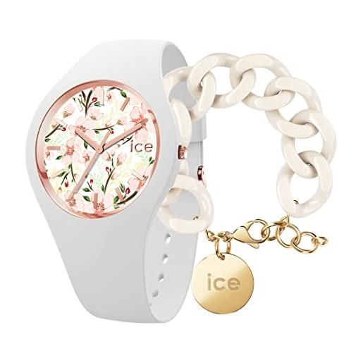 ICE-WATCH flower white sage orologio bianco da donna con cinturino in silicone 020516 (medium) + chain bracelet - almond skin - bracciale in maglia bianca xl da donna con medaglia d'oro (020353)