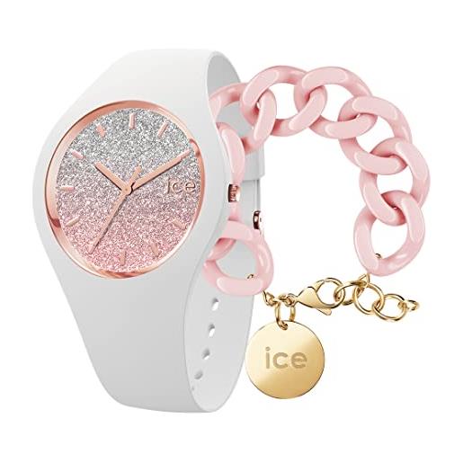 ICE-WATCH lo white pink orologio bianco da donna con cinturino in silicone, 013427 (small) + chain bracelet - pink lady - bracciale in maglia rosa xl da donna con medaglia d'oro (020358)
